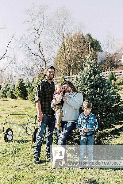 Eine junge Familie mit ihrem Weihnachtsbaum auf einem Bauernhof