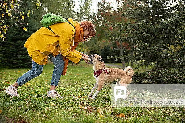 Fröhliche Dame spielt mit Hund an einem Herbsttag