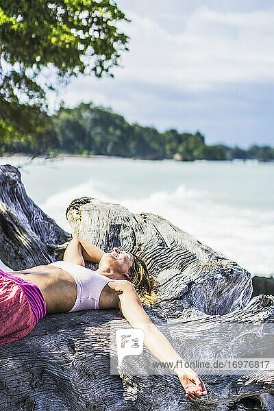 Weiblicher Reisender entspannt sich auf einem umgestürzten Baum am Strand