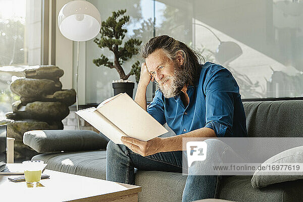 Älterer Mann mit Bart liest ein Buch auf dem Sofa im Wohnzimmer seines Hauses. Lernkonzept
