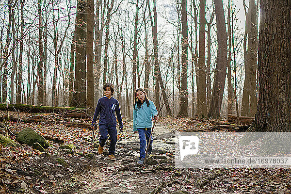 two children walk on path through woods in fall holding walking sticks