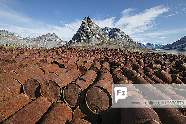 Piles of rusting fuel drums of abandoned US WW2 base Bluie East Two  Ikateq  Greenland