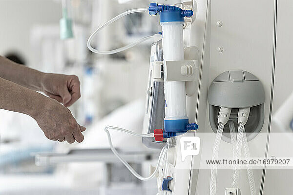 starting up a hemodialysis machine in a nephrology department