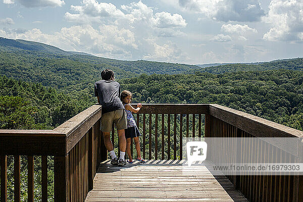 A small child leans against father on platform overlook of forest