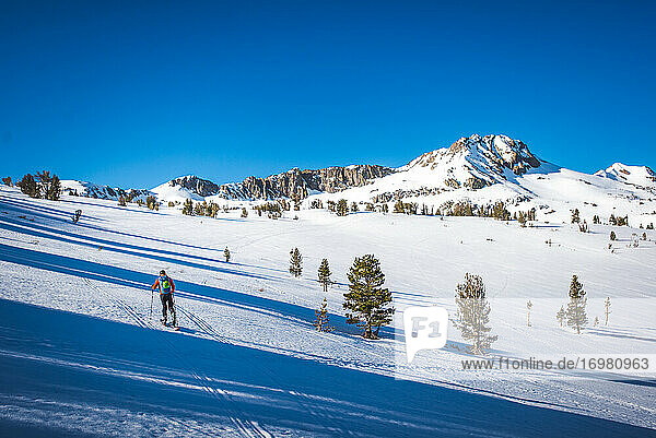 Man backcountry skiing with snowy mountain in the background