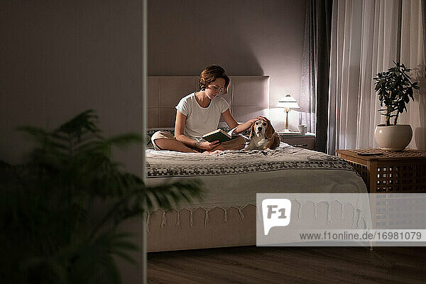 Frau streichelt Hund und liest Buch am Abend