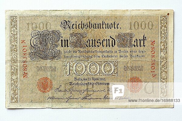 Geldschein über Tausend Mark  Reichsmark  1000 RM  Vorderseite  Reichsbanknote aus dem Jahre 1910  Deutsches Kaiserreich  Deutschland  Europa