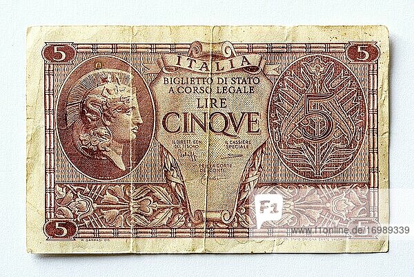 Geldschein über Fünf italienische Lire  5 Lire  Vorderseite  aus dem Jahre 1944  zum Ende des Mussolini-Faschismus  Italien  Europa