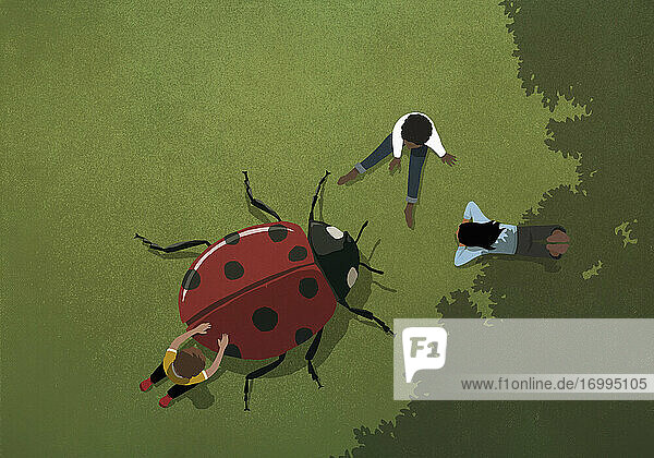 Kinder spielen mit großen Marienkäfer im Gras