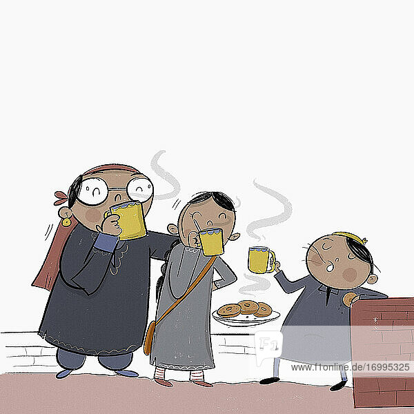 Kashmiri-Familie genießt mittags Chai-Tee