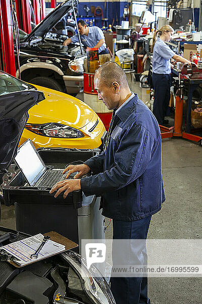 Pacific Islander mechanic typing on a laptop while co-workers work on cars in background