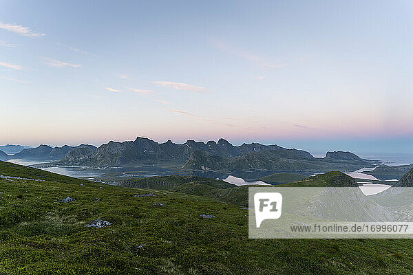 Landscape view of mountain range against sky Ryten  Lofoten  Norway