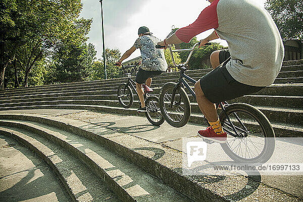 Junge männliche BMX-Fahrer machen einen Wheelie auf den Stufen eines öffentlichen Parks