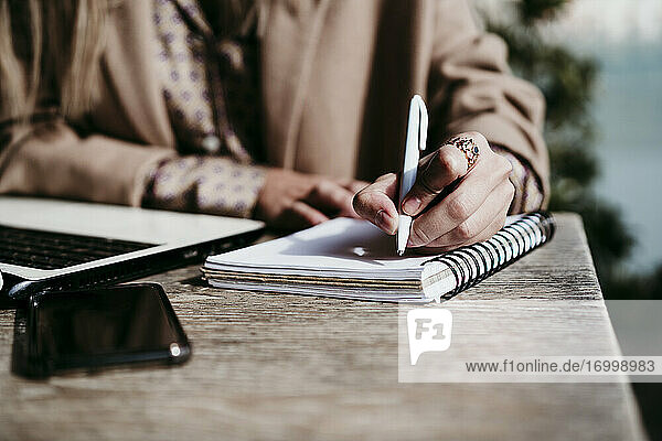 Geschäftsfrau schreibt am Schreibtisch im Büro in ein Tagebuch
