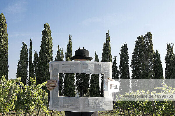 Italy  Tuscany  invisible man surrounded by cypresses reading newspaper with a hole
