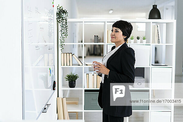 Porträt einer lächelnden Geschäftsfrau  die ein Whiteboard im Büro untersucht