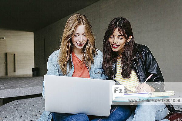 Junge Studentin  die einen Laptop benutzt  während sie gemeinsam auf dem Universitätscampus studiert