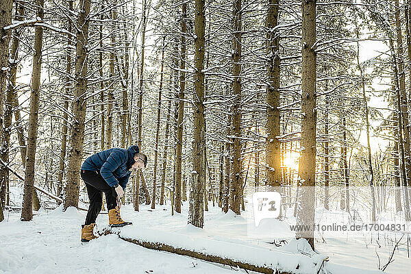 Mann in warmer Kleidung bindet Schnürsenkel  während er in einem Kiefernwald steht