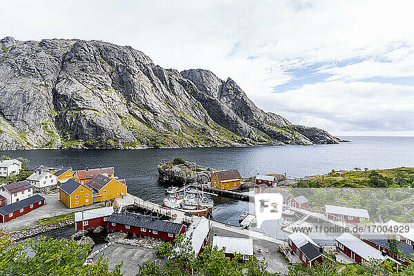 Nusfjord village situated by sea at Lofoten  Norway