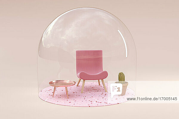 3D-Rendering  Miniatur-Stuhl und -Tisch unter Glasglocke