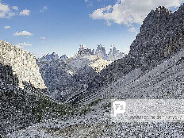 Scenic view of valley in Sexten Dolomites with Tre Cime di Lavaredo in background