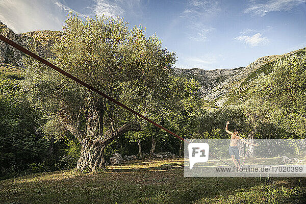 Man walking on slackline between old olive trees in landscape
