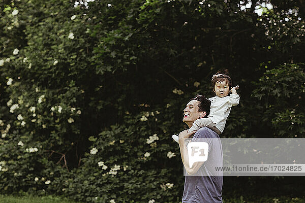 Fröhlicher Vater trägt männliches Kleinkind auf der Schulter durch Pflanzen im Park