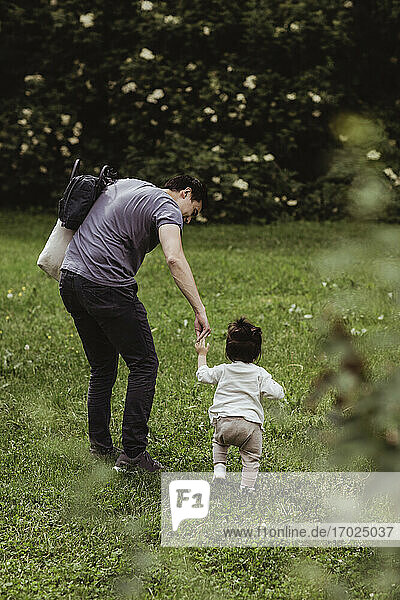 Vater hilft Baby-Sohn zu gehen auf Gras im Park