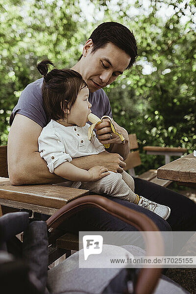 Vater füttert männliches Kleinkind mit Banane  während er im Park sitzt