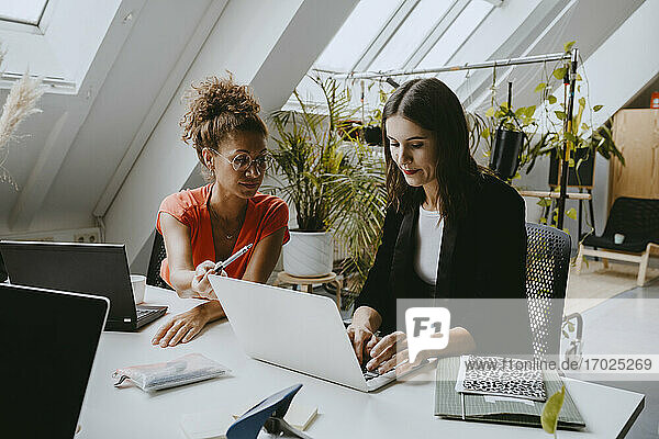 Weibliche Kollegen diskutieren über Laptop im Coworking-Büro