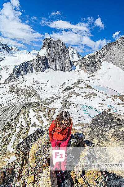 Climber on rocks at Bugaboo Property Released (PR)ovincial Park  British Columbia  Canada