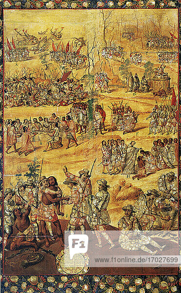 Die Eroberung Méxicos (1519-1521). Dargestellte Szenen: Hernan Cortes zerstört die Flotte; Krieg in Cholula; Cholultecas-Indianer knien vor dem König von Spanien (Gehorsam gegenüber dem König); Auf dem Weg nach Cholula tauft der Mönch Bartolome de Olmedo sieben Indianer; Bestrafung der Indianer  die Spione von Xicotencatl sind: Sie schneiden sich die Hände ab; Sie essen Hundefleisch  weil sie Hunger haben. Der Tisch gehört zu einem 6-teiligen Set  das in der enconchado -Technik hergestellt wurde (Perlmuttfragmente sind in die Holzoberfläche eingelassen  und die glänzende Oberfläche ist mit weichen Farbschichten versehen. Anonymer Autor. Öl und Perlmutt. 1676-1700. Mexikanische Schule. Vizekönigreich Neuspanien. Mexiko. Amerikanisches Museum. Madrid  Spanien.