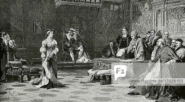 Katharina von Aragon (1485-1536). Konsulatskönigin von England (1509-1533). Erste Ehefrau von König Heinrich VIII. Der Prozess gegen Königin Katharina am 21. Juni 1529. Kupferstich nach einem Gemälde von Laslett J. Pott (1837-1898). La Ilustracion Española y Americana  1881.