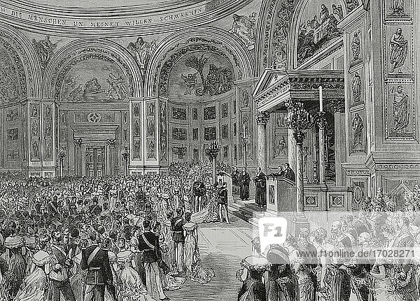 William II of Germany (1859-1941). Germany  Berlin. Celebration of the religious marriage of Prince Friedrich Wilhelm (future William II) and Princess Augusta Victoria of Schleswig-Holstein (future Queen Consort). Chapel of the Imperial Palace on 27 February 1881. Engraving. La Ilustracion Española y Americana  1881.