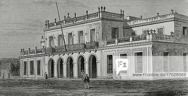 Kuba (zu der Zeit  als es eine spanische Provinz war). Stadt Cienfuegos. Gebäude des Zollamtes. Kupferstich von Tomás Carlos Capuz (1834-1899). La Ilustracion Española y Americana  1881.