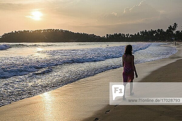 Mirissa Beach  Tourist am Mirissa Beach bei Sonnenuntergang  Südküste Sri Lankas  Südprovinz  Asien