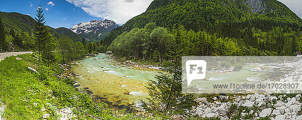 Panoramic photo of Soca River and Julian Alps  seen from the Soca Valley  Triglav National Park  Slovenia  Europe