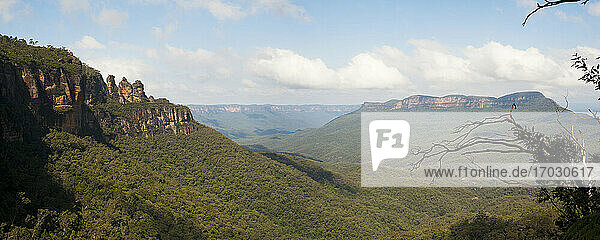 Panoramafoto Die Three Sisters und Mt Solitary im Jamison Valley  Blue Mountains  Australien. Die als Three Sisters bekannte Sandsteinformation in der Nähe von Katoomba ist das beliebteste Ausflugsziel in den Blue Mountains  und vor der beeindruckenden Kulisse des Mount Solitary und des Jamison Valley ist es auch nicht verwunderlich. Die Legende besagt  dass die drei steinernen Gipfel entstanden  als ein Stammesältester drei Schwestern in Stein verwandelte  um sie vor ihren verbotenen Liebhabern zu schützen  die versuchten  sie zu erobern. Nach seinem unglücklichen Tod war niemand in der Lage  den Zauber rückgängig zu machen  und so stehen die drei Schwestern bis heute an ihrem Platz mit Blick auf das Jamison Valley.