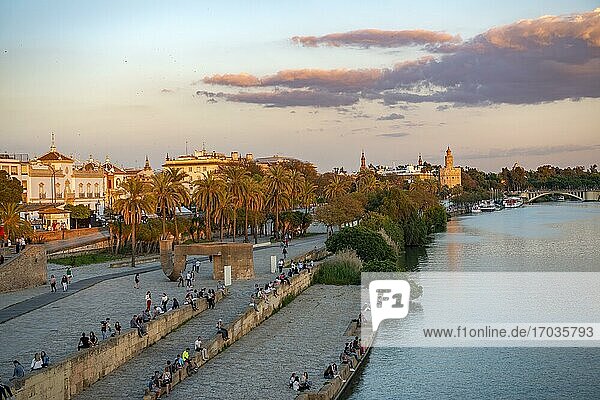 Waterfront promenade Muelle de la sal at the river Rio Guadalquivir with Monumento a la Tolerancia and Torre del Oro  sunset  Sevilla  Andalusia  Spain  Europe