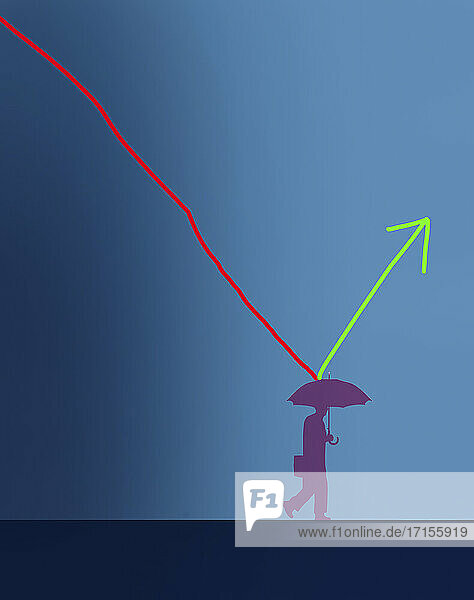 Fallendes Liniendiagramm  das vom Regenschirm eines Geschäftsmannes nach oben springt
