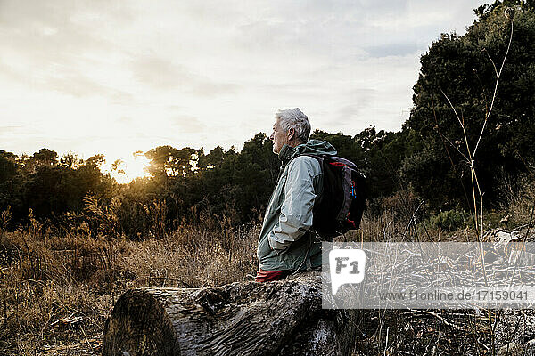 Älterer männlicher Wanderer mit Händen in den Taschen  der auf einem Holzstamm sitzt und die Aussicht am Wochenende genießt
