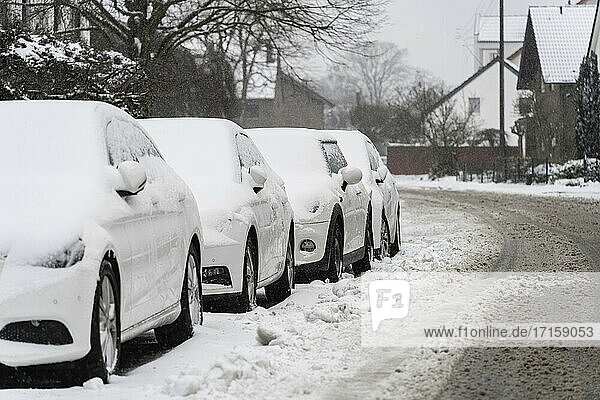 Cars covered with snow on street