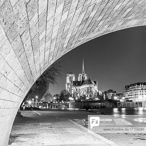 Frankreich  Ile-de-France  Paris  Unterseite der Pont de la Tournelle mit Notre-Dame de Paris im Hintergrund