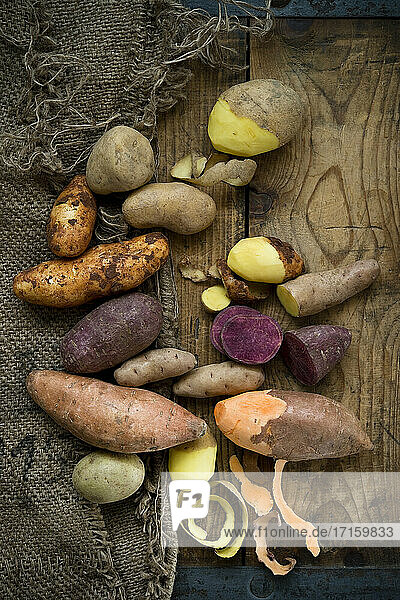 Different types of potatoes: Glorietta  purple sweet potato  Agria  Annabelle  Bamberger Hoerndl  Gala on rustic background