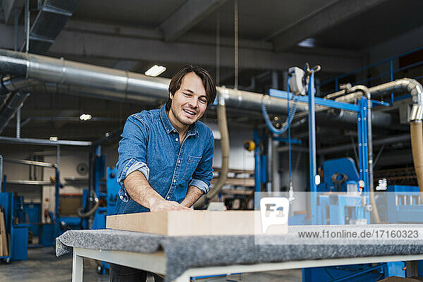Smiling manual worker examining plank while standing at industry