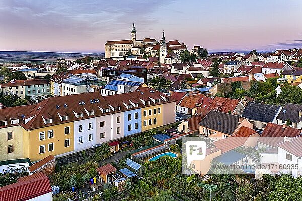 Aerial view of the Mikulov Castle and Chateau at dawn in the South Moravia town of Mikulov in the Czech Republic.