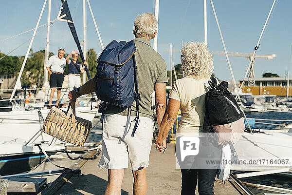 Rear view of senior couple holding hands walking on pier at harbor