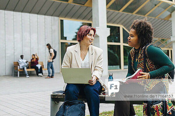 Weibliche Studenten im Gespräch miteinander während des Studiums auf dem Universitätscampus