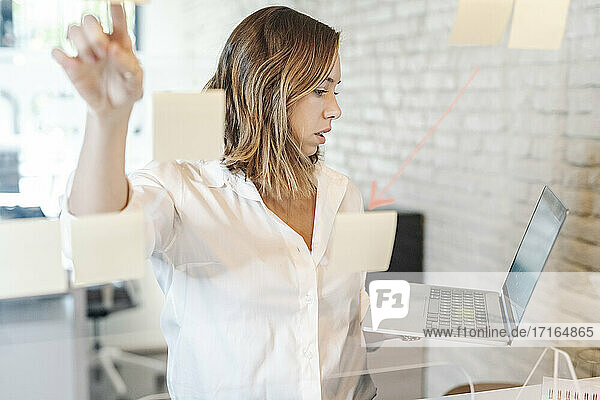Geschäftsfrau  die einen Laptop hält und eine Geschäftsstrategie im Büro vorbereitet  gesehen durch Glas