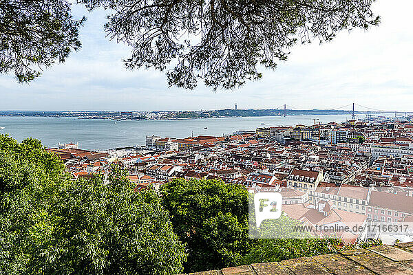 Portugal  Lisbon  View of city with Ponte 25 de Abril on Tagus river in distance
